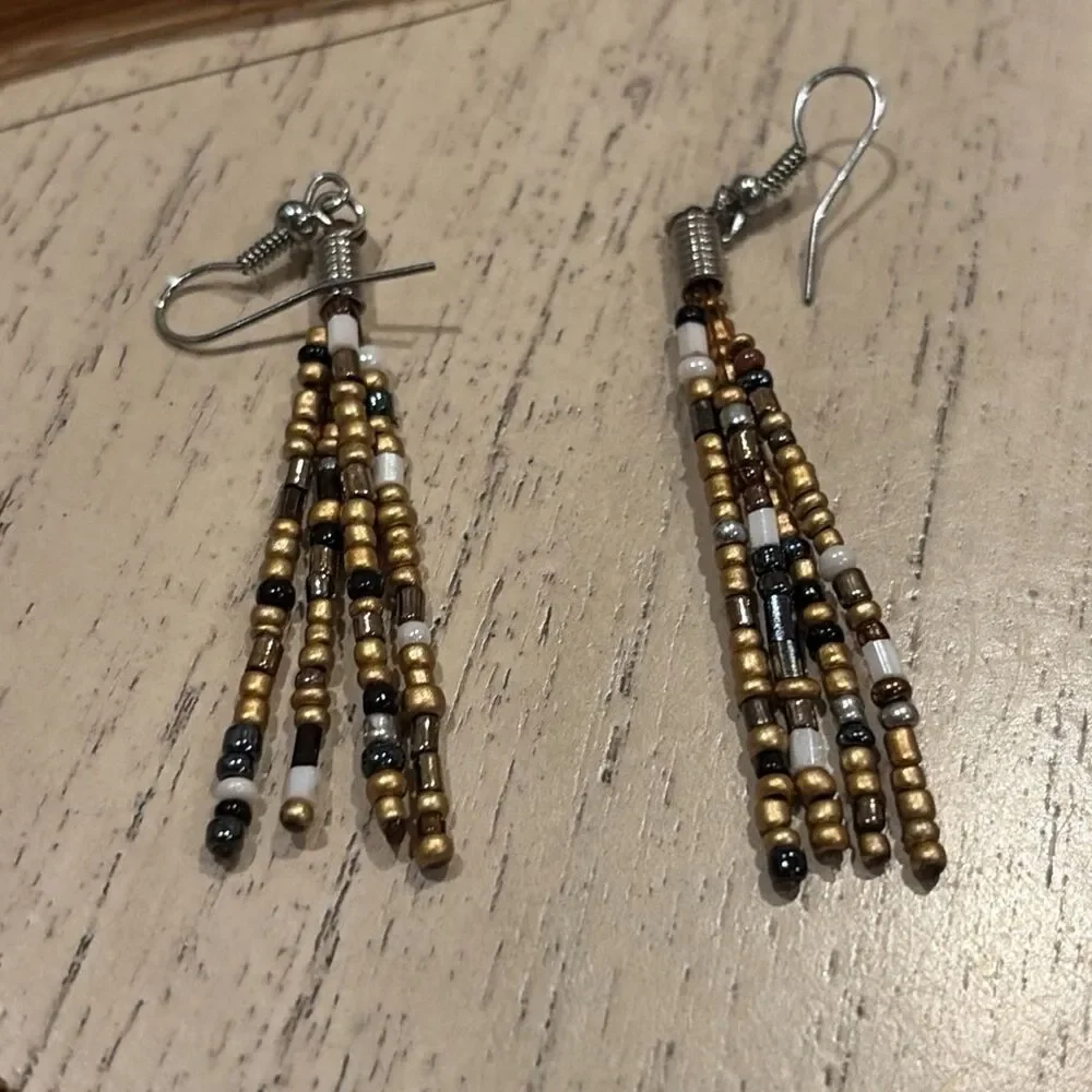30 Strand Black & Gold Seed Bead Waterfall Necklace & Dangle Earrings